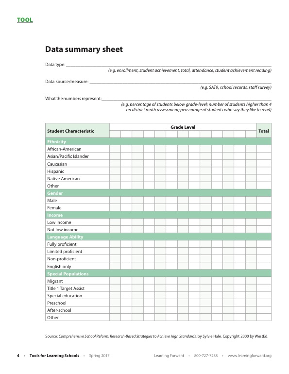 Image for aesthetic effect only - Tool-1-data-summary-sheet